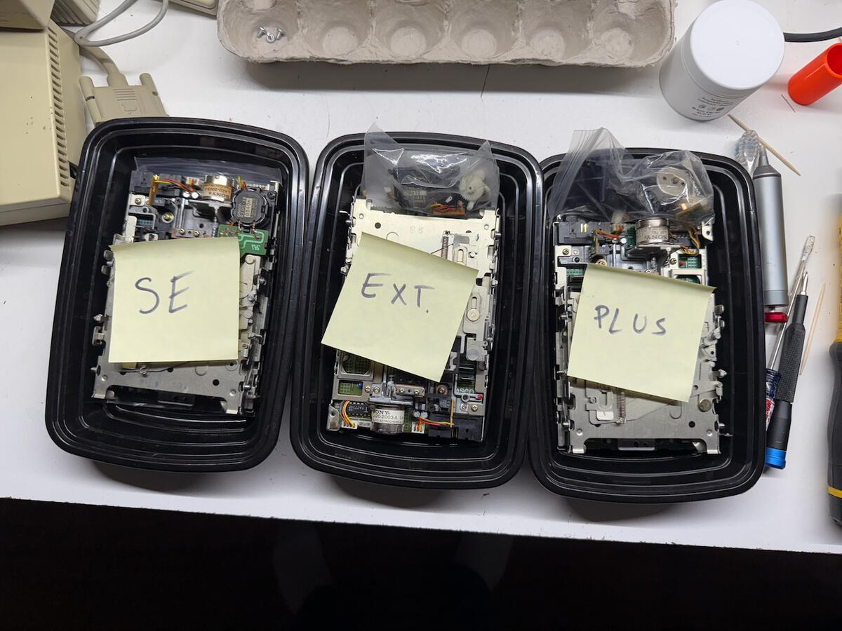 800K floppies lined up for repair